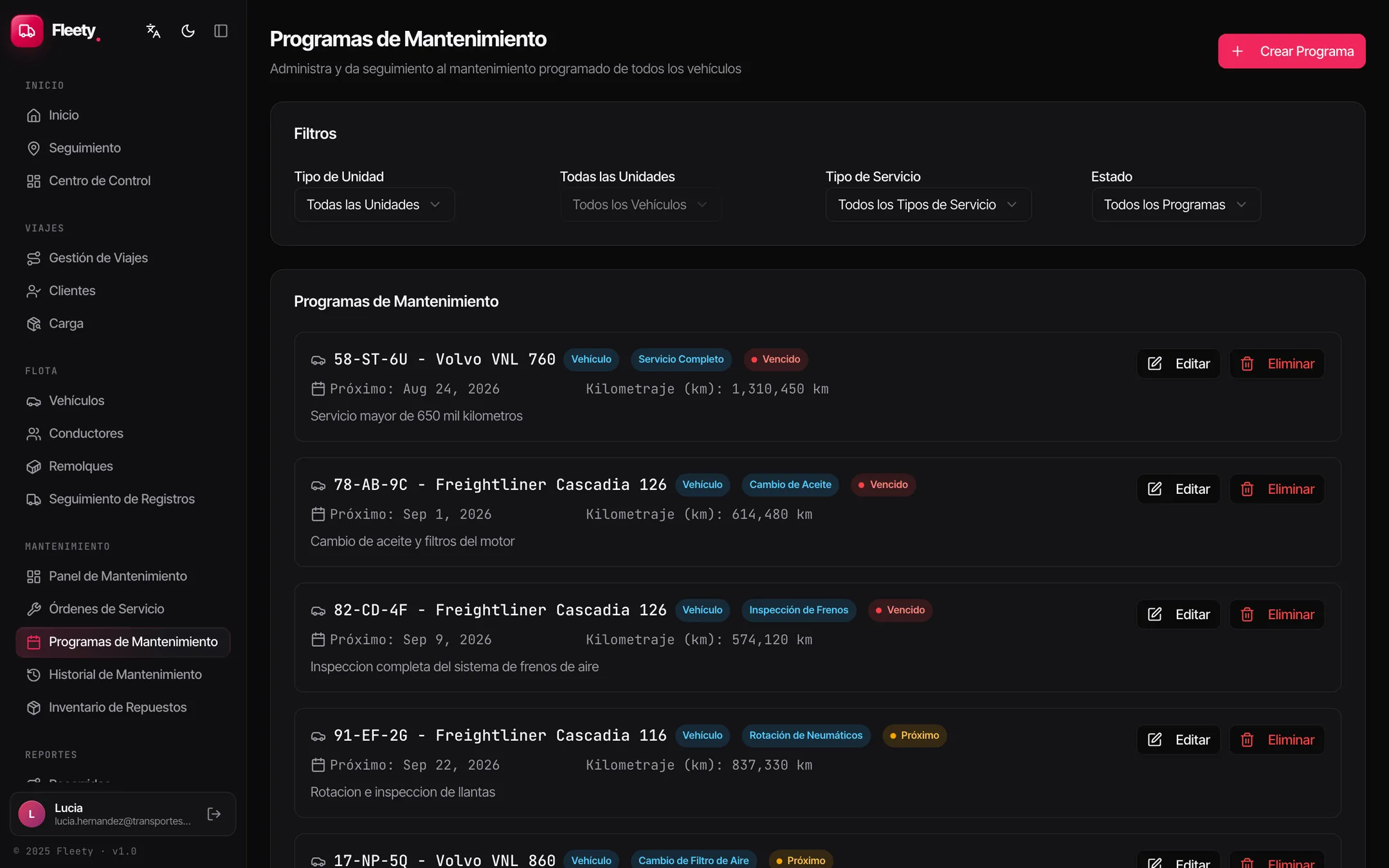 Pantalla de programas de mantenimiento de Fleety con servicios vencidos y próximos