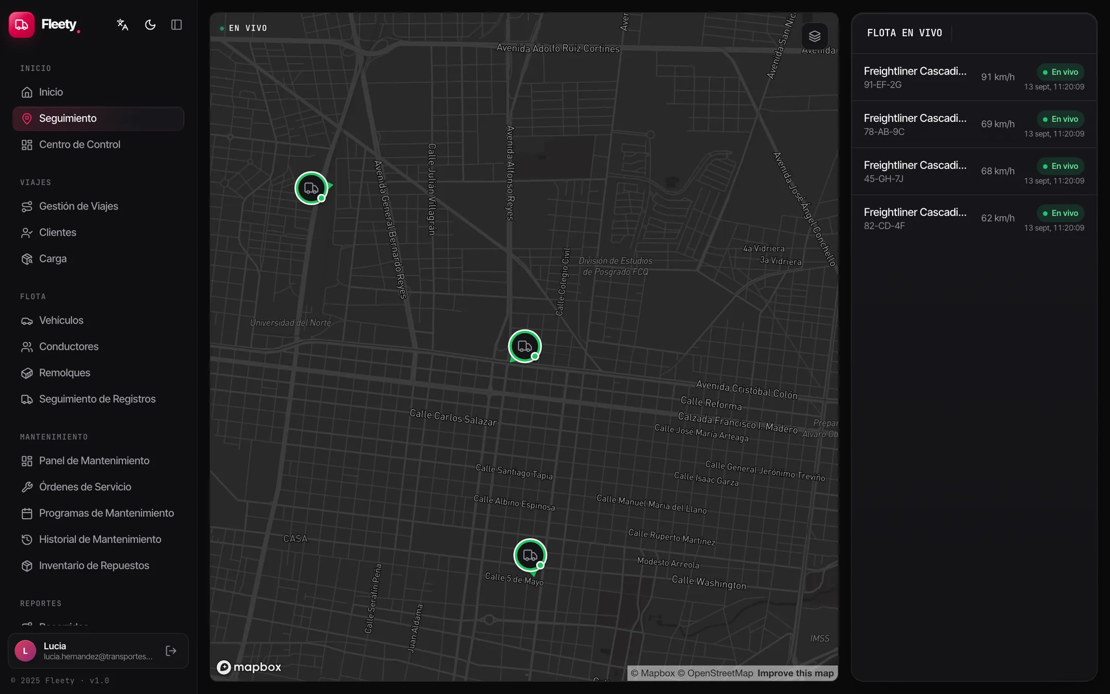 Pantalla de Seguimiento de Fleety con la flotilla en el mapa