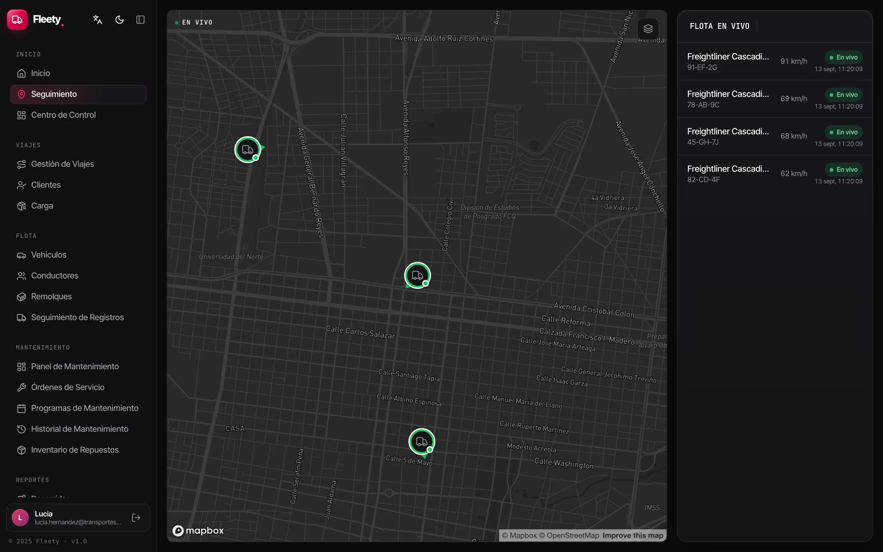 Pantalla de Seguimiento de Fleety con la flotilla en el mapa
